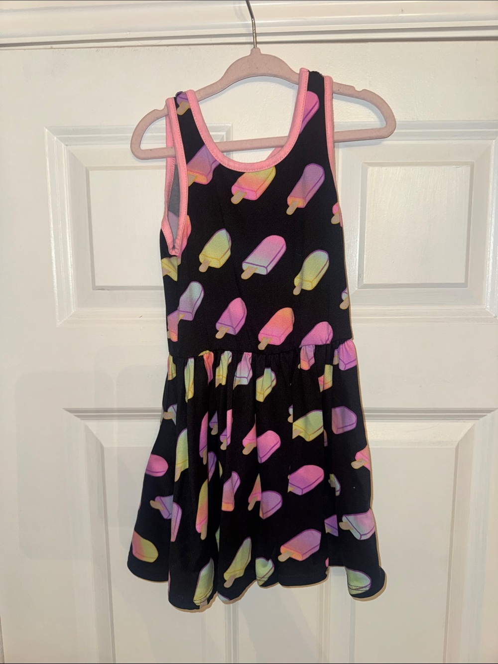 Pixielane Girls Black Popsicle Print Tank Dress - Pink Trim